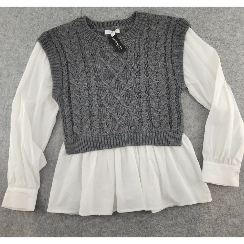 Blu Pepper Small Gray White Cable Knit Peplum Sweater Vest Blouse Preppy